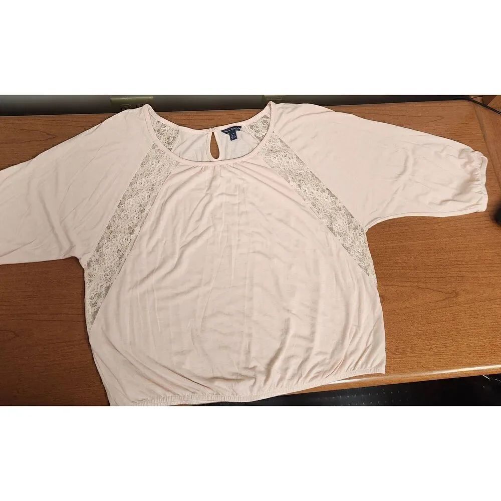 AMERICAN EAGLE XL Light Peach 1/4 Sleeve Womans Sz XL Elastic Waist Shirt.